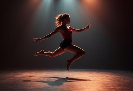 Jazz dancer performing a dynamic leap across the studio floor.