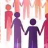 Icon representing a supportive community with abstract figures holding hands in a circle.